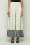 Shop_Abraham & Thakore_Off White 100% Cotton Jamdani Border Dotted Pattern Trouser _at_Aza_Fashions