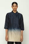 Abraham & Thakore_Blue Chanderi Embroidered Crewel Collared Ombre Shirt _Online_at_Aza_Fashions