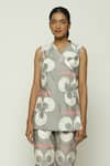 Abraham & Thakore_Grey Silk Collared Moon Pattern Overlap Top _Online_at_Aza_Fashions