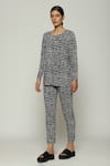 Abraham & Thakore_Black Tencel Lycra Printed Lattice Trouser _Online_at_Aza_Fashions