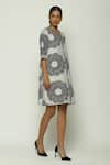 Buy_Abraham & Thakore_Black Chanderi Print Kantha V Neck Oversized Flower Dress _Online_at_Aza_Fashions