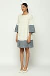 Abraham & Thakore_Ivory 100% Cotton Dot Round Neck Pattern Bell Sleeves Dress _Online_at_Aza_Fashions