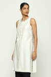 Abraham & Thakore_Ivory Chanderi Embellished Mother Of Pearl Button Round Neck Tunic _Online_at_Aza_Fashions