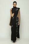 Buy_Abraham & Thakore_Black Silk Crepe De Chine Embellished Ottoman Turkish Moon Embroidered Saree _at_Aza_Fashions