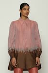 Abraham & Thakore_Red Chanderi Embroidery Crewel Collar Neck Ombre Shirt _Online_at_Aza_Fashions