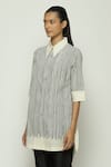 Buy_Abraham & Thakore_Black 100% Cotton Compact Voile Print Crewel Collar Neck Elbow Sleeves Shirt _Online_at_Aza_Fashions