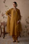 Buy_Kritika Dawar_Yellow Kurta And Pant Tissue Hand Embroidered Sequins V Neck Set _at_Aza_Fashions