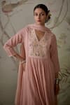 Kritika Dawar_Pink Kurta And Dupatta Chanderi Block Print Leaf V Hand Embroidered Yoke Set _at_Aza_Fashions