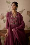 Buy_Kritika Dawar_Wine Kurta And Dupatta Chanderi Block Print Leaf V Hand Embroidered Yoke Set _Online_at_Aza_Fashions