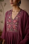 Shop_Kritika Dawar_Wine Kurta And Dupatta Chanderi Block Print Leaf V Hand Embroidered Yoke Set _Online_at_Aza_Fashions