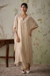 Kritika Dawar_Ivory Kaftan Chanderi Hand Embroidered Floral Notched And Pant Set _Online_at_Aza_Fashions