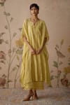 Buy_Kritika Dawar_Yellow Kaftan Chanderi Hand Embroidered Floral Notched And Pant Set _at_Aza_Fashions