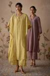 Kritika Dawar_Yellow Kaftan Chanderi Hand Embroidered Floral Notched And Pant Set _at_Aza_Fashions