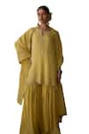 Shop_Kritika Dawar_Yellow Chanderi Embroidered Floral Notched Short Kurta Gharara Set _at_Aza_Fashions