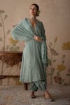 Buy_Kritika Dawar_Blue Chanderi Embroidered Floral V Neck Hand Scalloped Kurta Set _at_Aza_Fashions