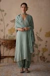 Kritika Dawar_Blue Chanderi Embroidered Floral V Neck Hand Scalloped Kurta Set _Online_at_Aza_Fashions