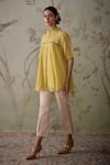 Kritika Dawar_Yellow Chanderi Embroidered Thread Pleated High Neck Short Pintucked Tunic _Online_at_Aza_Fashions