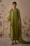 Kritika Dawar_Green Kurta Chanderi Self Embroidered V Neck Set _Online_at_Aza_Fashions