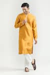 Shop_Countrymade_Yellow Chanderi Hand Embroidered Placed Thread Work Kurta Set _Online_at_Aza_Fashions