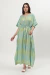 Buy_Musal_Green Cotton Crepe Print Ikat Notched Round Kelly Kaftan _at_Aza_Fashions