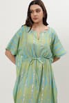 Musal_Green Cotton Crepe Print Ikat Notched Round Kelly Kaftan _Online_at_Aza_Fashions