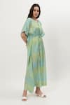 Buy_Musal_Green Cotton Crepe Print Ikat Notched Round Kelly Kaftan 