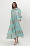 Buy_Musal_Blue Cotton Crepe Print Ikat Collared Neck Norah Dress _at_Aza_Fashions