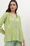 Musal_Green Cotton Crepe Print Ikat Collared Neck Amy Placement Shirt _Online_at_Aza_Fashions