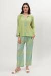 Buy_Musal_Green Cotton Crepe Print Ikat Collared Neck Hilary Placement Shirt With Pant _at_Aza_Fashions