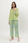 Musal_Green Cotton Crepe Print Ikat Collared Neck Hilary Placement Shirt With Pant _at_Aza_Fashions