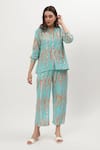 Buy_Musal_Blue Cotton Crepe Print Ikat Collared Neck Carrie Shirt With Pant _at_Aza_Fashions