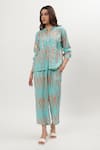 Musal_Blue Cotton Crepe Print Ikat Collared Neck Carrie Shirt With Pant _Online_at_Aza_Fashions