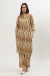 Buy_Musal_Brown Cotton Crepe Print Ikat Mandarin Collar Fiona Kurta With Pant _at_Aza_Fashions