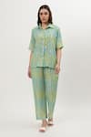 Buy_Musal_Green Cotton Crepe Print Ikat Collared Neck Nicole Shirt With Pant _at_Aza_Fashions