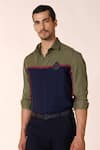 Shop_S&N by Shantnu Nikhil_Green Terylene Embroidered Color Blocked Pattern Shirt _Online_at_Aza_Fashions