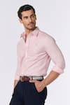 Buy_S&N by Shantnu Nikhil_Pink Linen Embroidered Thread Plain Roll-up Sleeve Shirt _Online_at_Aza_Fashions