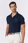 S&N by Shantnu Nikhil_Blue Giza Cotton Embroidered Thread Solid Polo T-shirt _Online_at_Aza_Fashions