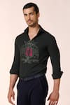 Shop_S&N by Shantnu Nikhil_Green Pique Knit Embellished Faux Leather Crest Shirt _Online_at_Aza_Fashions