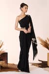 Shop_S&N by Shantnu Nikhil_Black Poly Blend Placement Embroidery Brooch Asymmetric Draped One Shoulder Gown _Online_at_Aza_Fashions