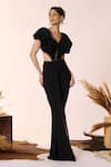 Buy_S&N by Shantnu Nikhil_Black Poly Jersey Placement Embellishments Gold Frilled Bodice Cut Out Gown _at_Aza_Fashions