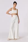 Shop_S&N by Shantnu Nikhil_Off White Denim Placement Embellishments Gold Buttons Flared Trouser _at_Aza_Fashions