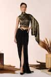 Buy_S&N by Shantnu Nikhil_Black Sandwash Foil Placement Embellishments Gold Metallic Finish Draped Top _at_Aza_Fashions