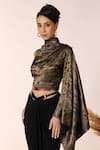 S&N by Shantnu Nikhil_Black Sandwash Foil Placement Embellishments Gold Metallic Finish Draped Top _Online_at_Aza_Fashions