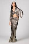 Buy_S&N by Shantnu Nikhil_Grey Pewter Lurex Plain V Neck Metallic Cropped Top _at_Aza_Fashions