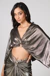 S&N by Shantnu Nikhil_Grey Pewter Lurex Plain V Neck Metallic Cropped Top _Online_at_Aza_Fashions