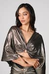 Buy_S&N by Shantnu Nikhil_Grey Pewter Lurex Plain V Neck Metallic Cropped Top _Online_at_Aza_Fashions