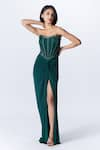 Buy_S&N by Shantnu Nikhil_Green Poly Jersey Embellished Faux Leather Scoop Neck Corset Bodice Draped Gown _at_Aza_Fashions