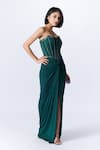 S&N by Shantnu Nikhil_Green Poly Jersey Embellished Faux Leather Scoop Neck Corset Bodice Draped Gown _Online_at_Aza_Fashions