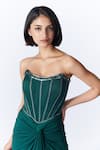 Buy_S&N by Shantnu Nikhil_Green Poly Jersey Embellished Faux Leather Scoop Neck Corset Bodice Draped Gown _Online_at_Aza_Fashions