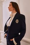 S&N by Shantnu Nikhil_Blue Poly Blend Embroidery Cricket Club Crest Lapel Collar Crop Jacket _Online_at_Aza_Fashions